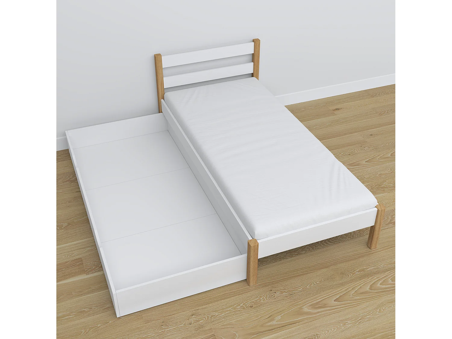 Lit simple en bois - avec tiroir N01 Blanc / Chêne Naturel 100x180