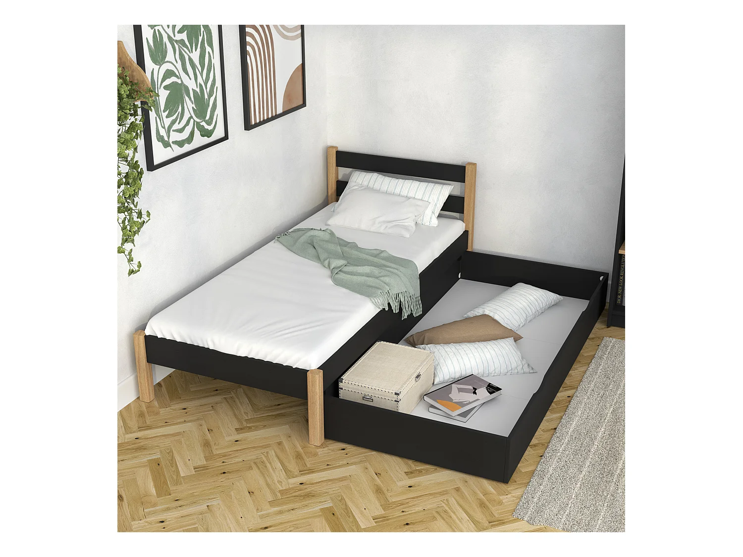 Lit simple en bois - avec tiroir N01 Noir / Chêne Naturel 120x190