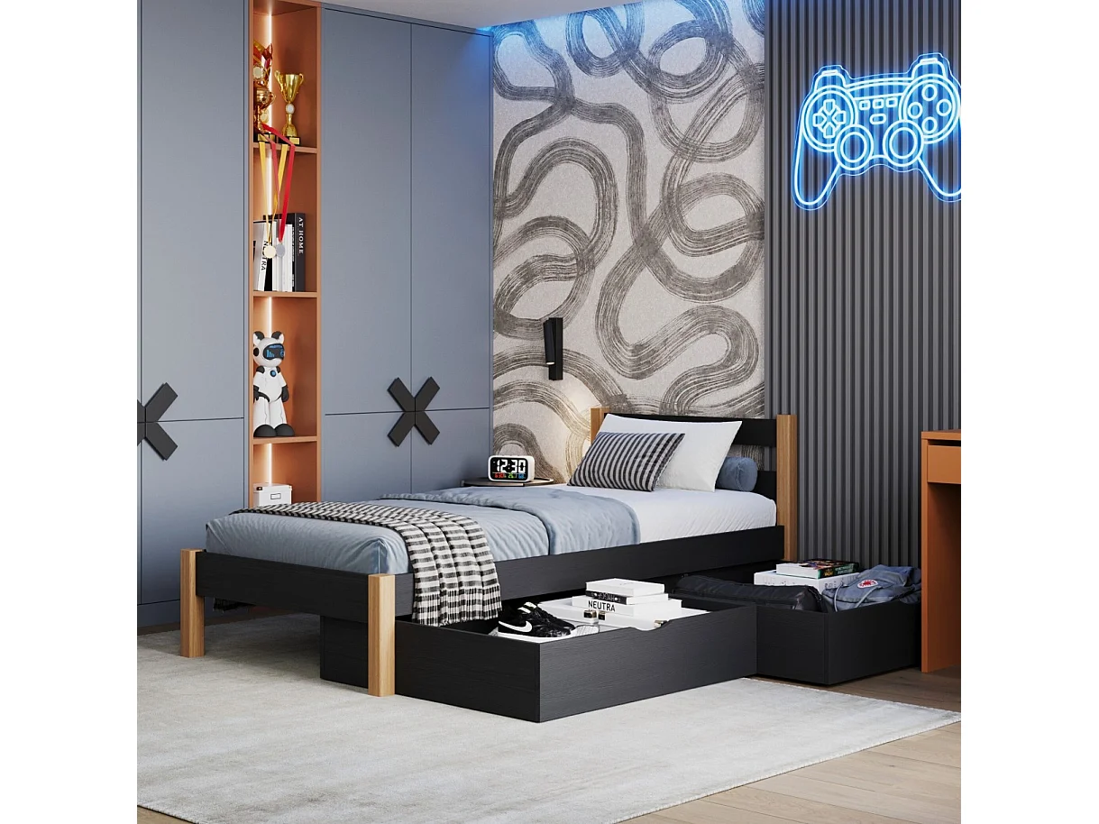 Lit simple en bois - avec tiroir N01 Noir / Chêne Naturel 120x190