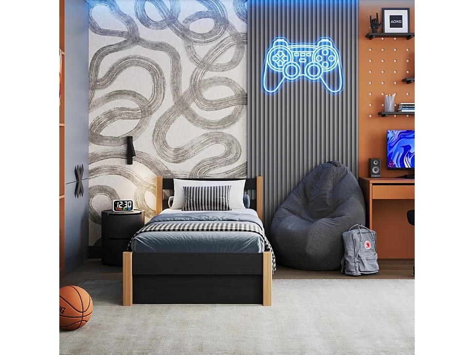 Lit simple en bois - avec tiroir N01 Noir / Chêne Naturel 120x190