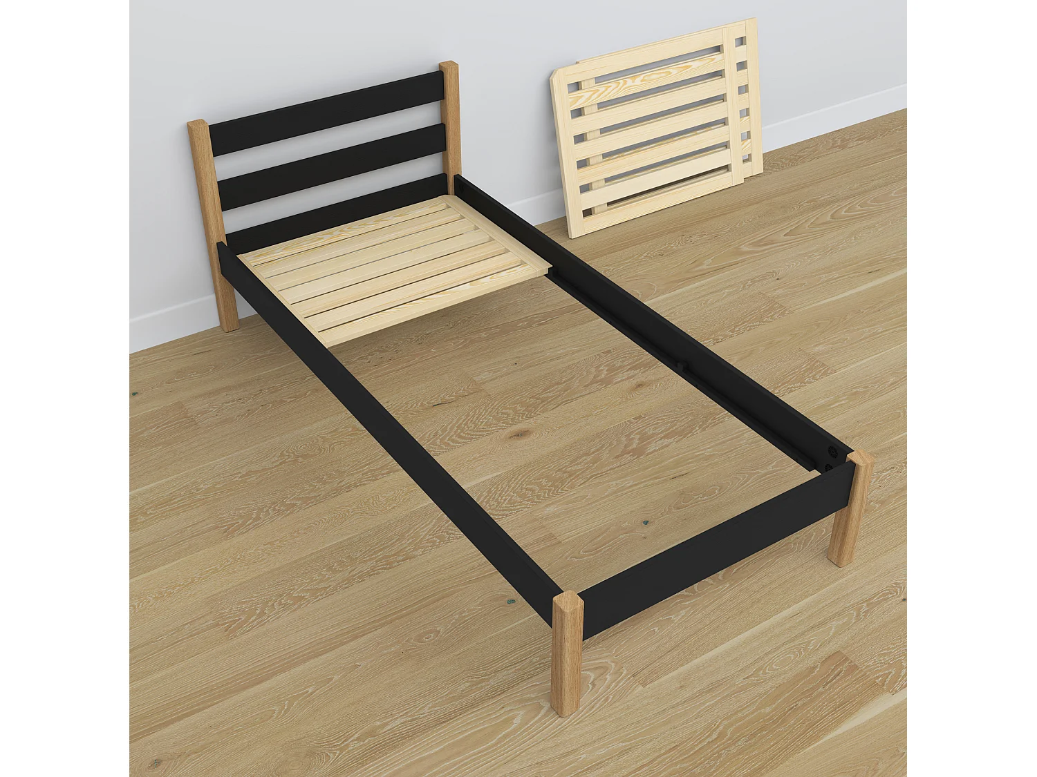 Lit simple en bois - avec tiroir N01 Noir / Chêne Naturel 120x190