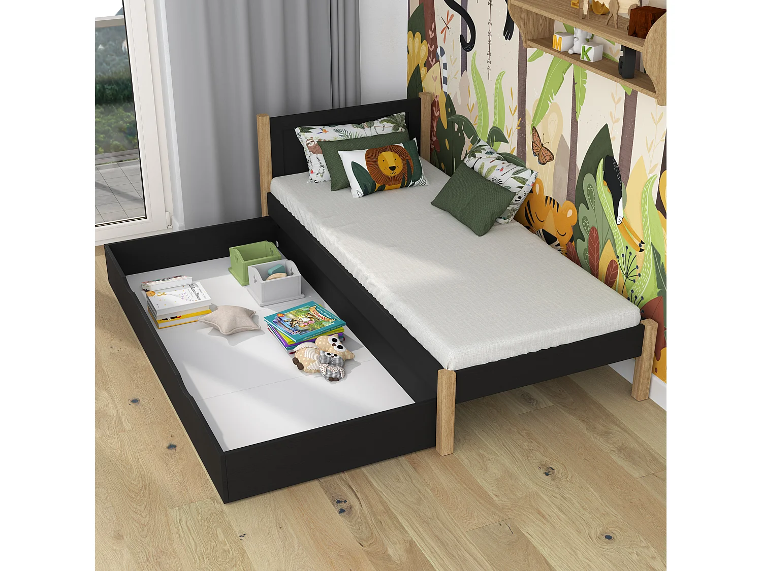 Lit simple en bois - avec tiroir N02 Noir / Chêne Naturel 100x200
