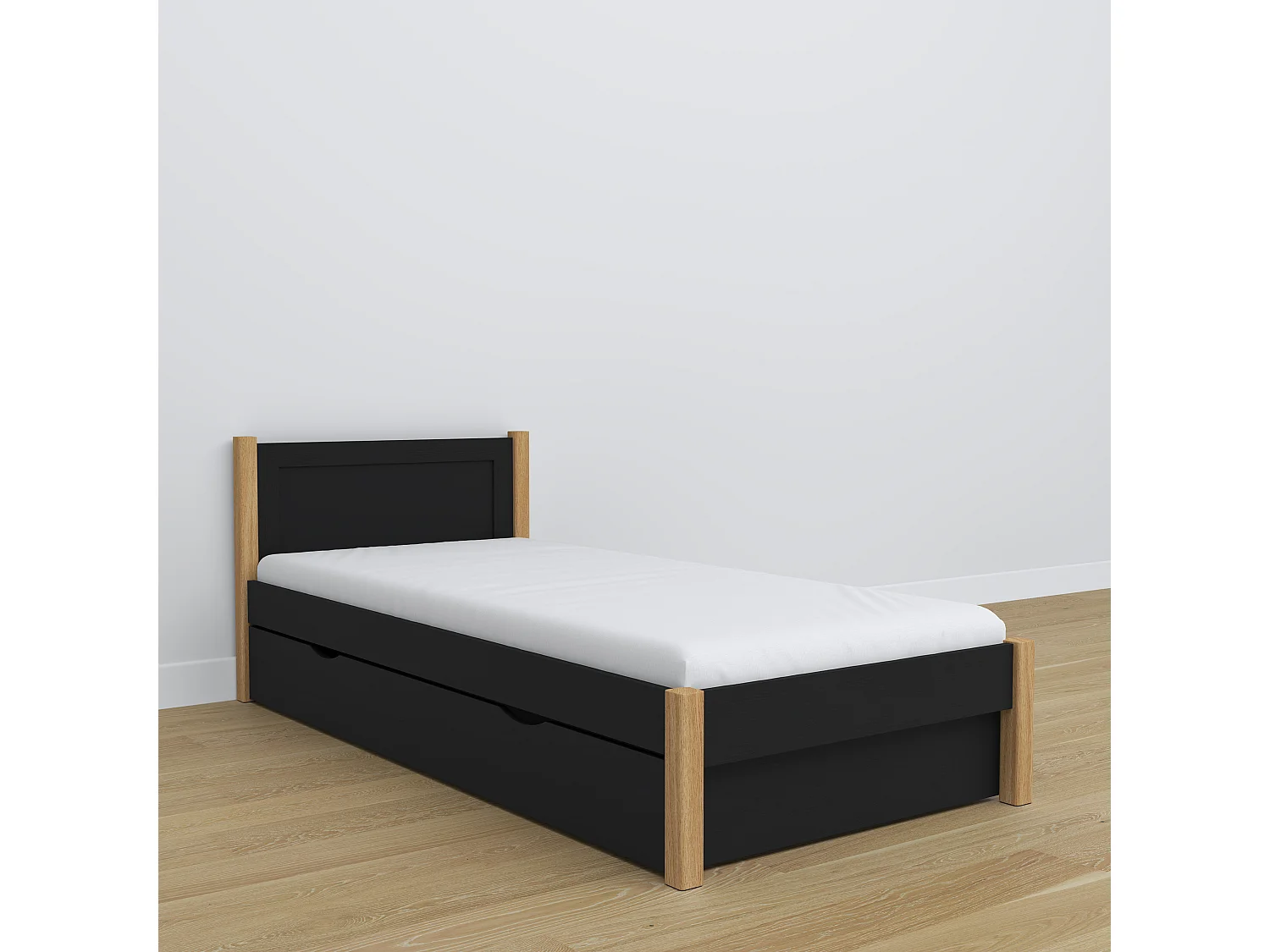 Lit simple en bois - avec tiroir N02 Noir / Chêne Naturel 100x200