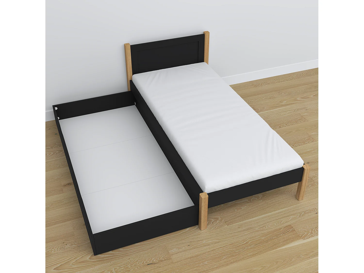 Lit simple en bois - avec tiroir N02 Noir / Chêne Naturel 100x200