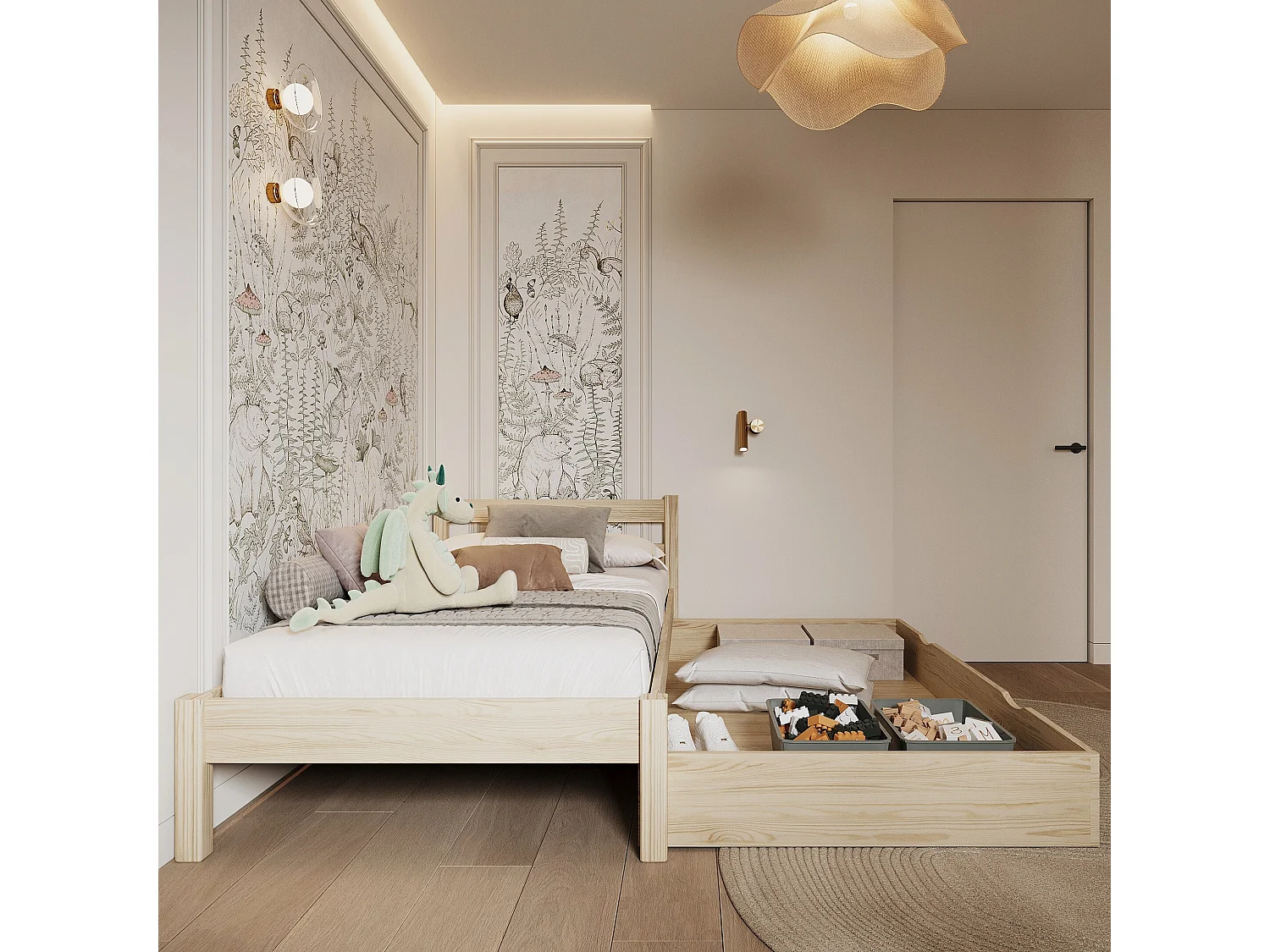 BETT mit Schublade N01 Klare Kiefer 120x190
