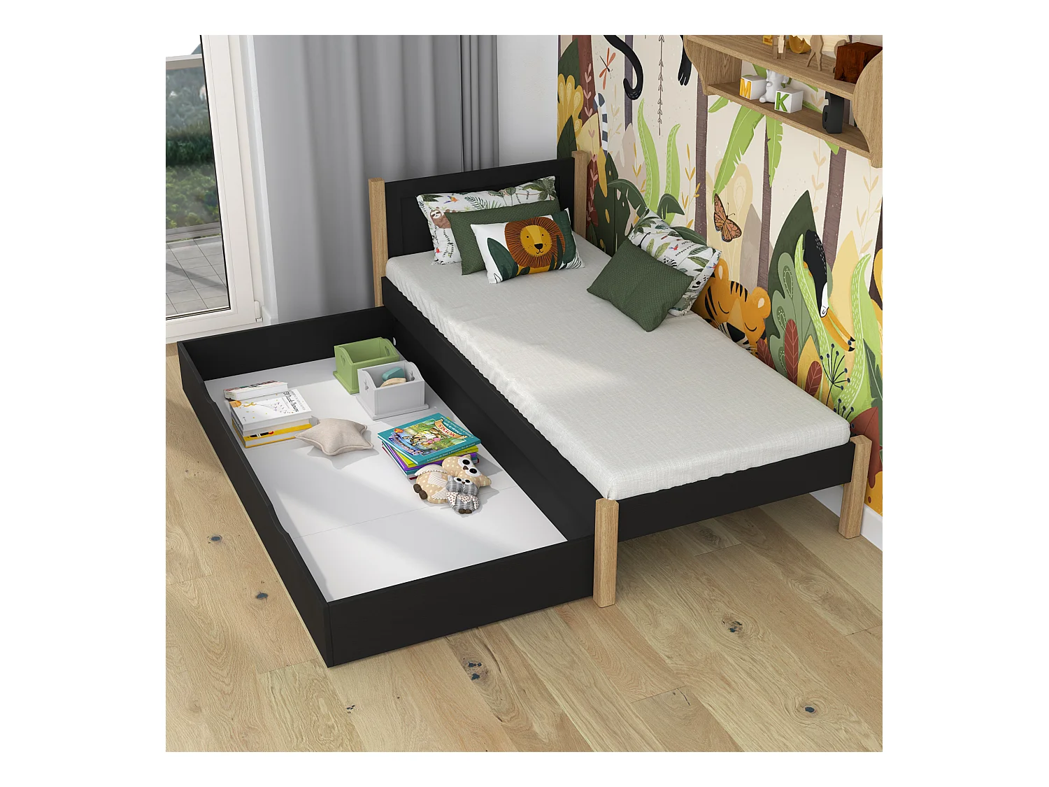 Lit simple en bois - avec tiroir N02 Noir / Chêne Naturel 120x200