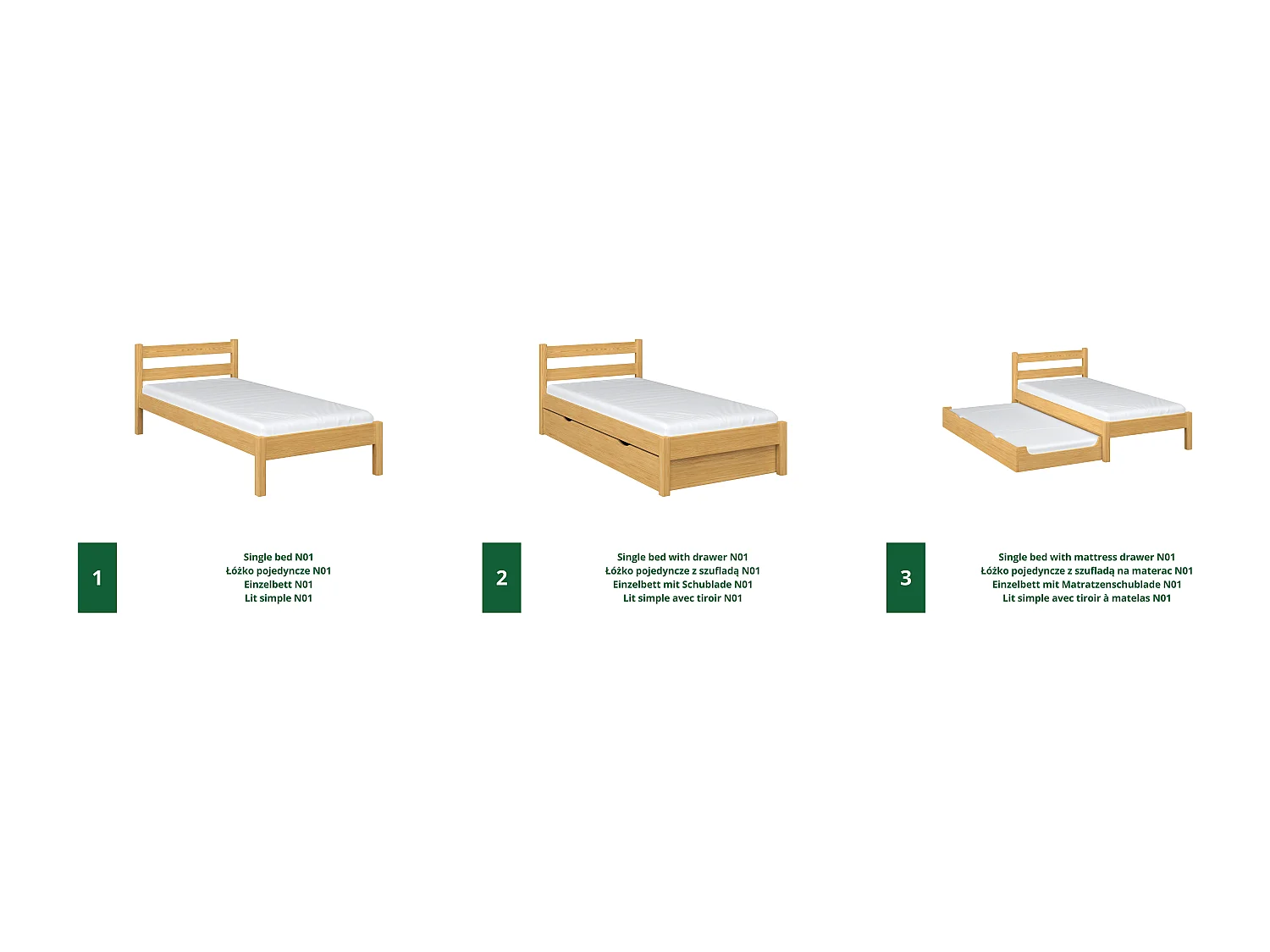 Lit simple en bois - avec tiroir N01 Pin Naturel 100x190