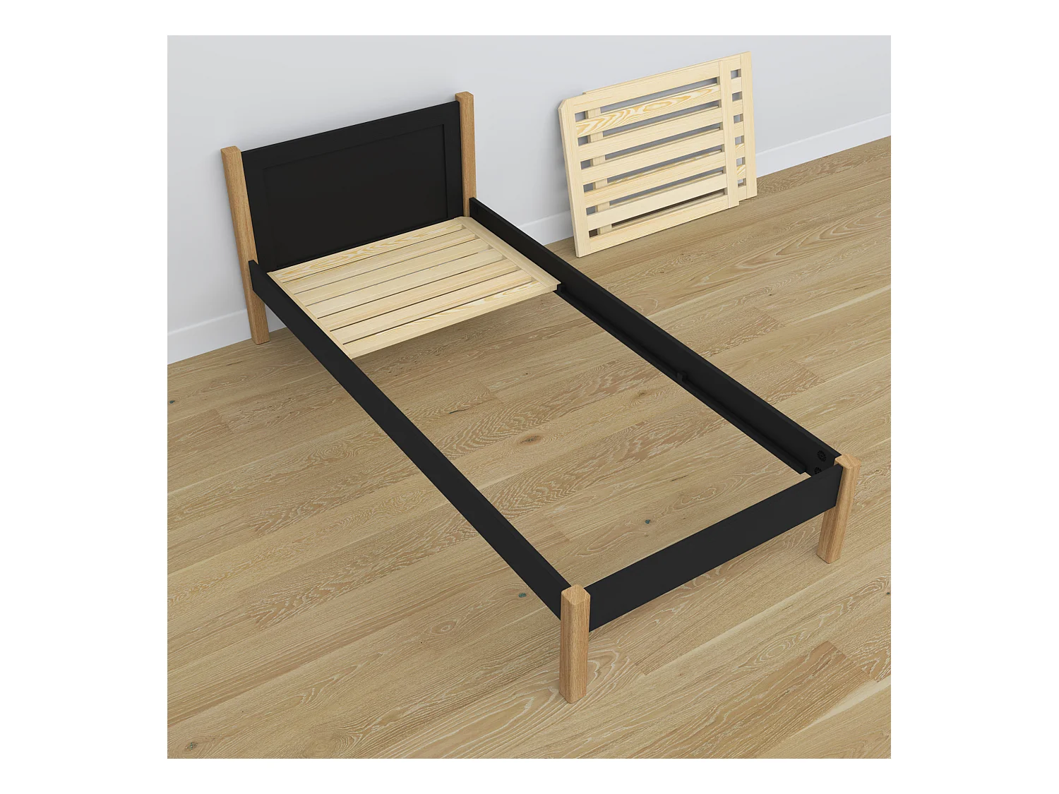 Lit simple en bois N02 Noir / Chêne Naturel 100x190