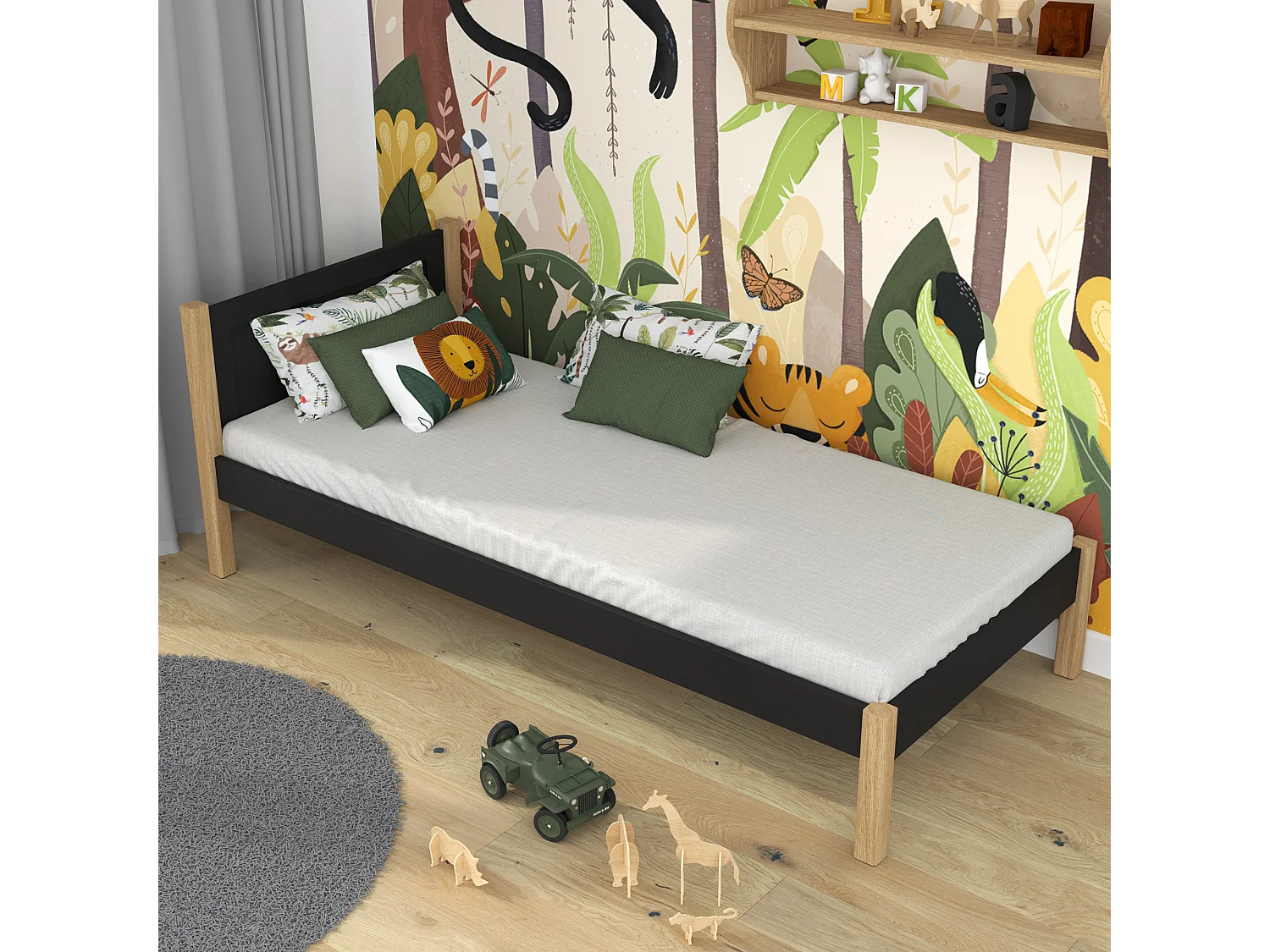 Lit simple en bois N02 Noir / Chêne Naturel 100x190