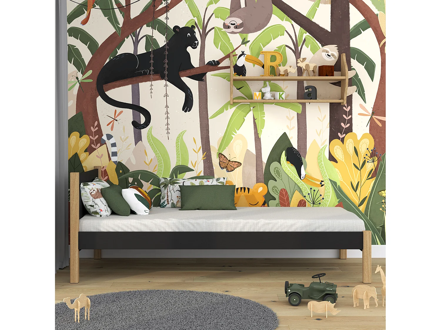 Lit simple en bois N02 Noir / Chêne Naturel 100x190