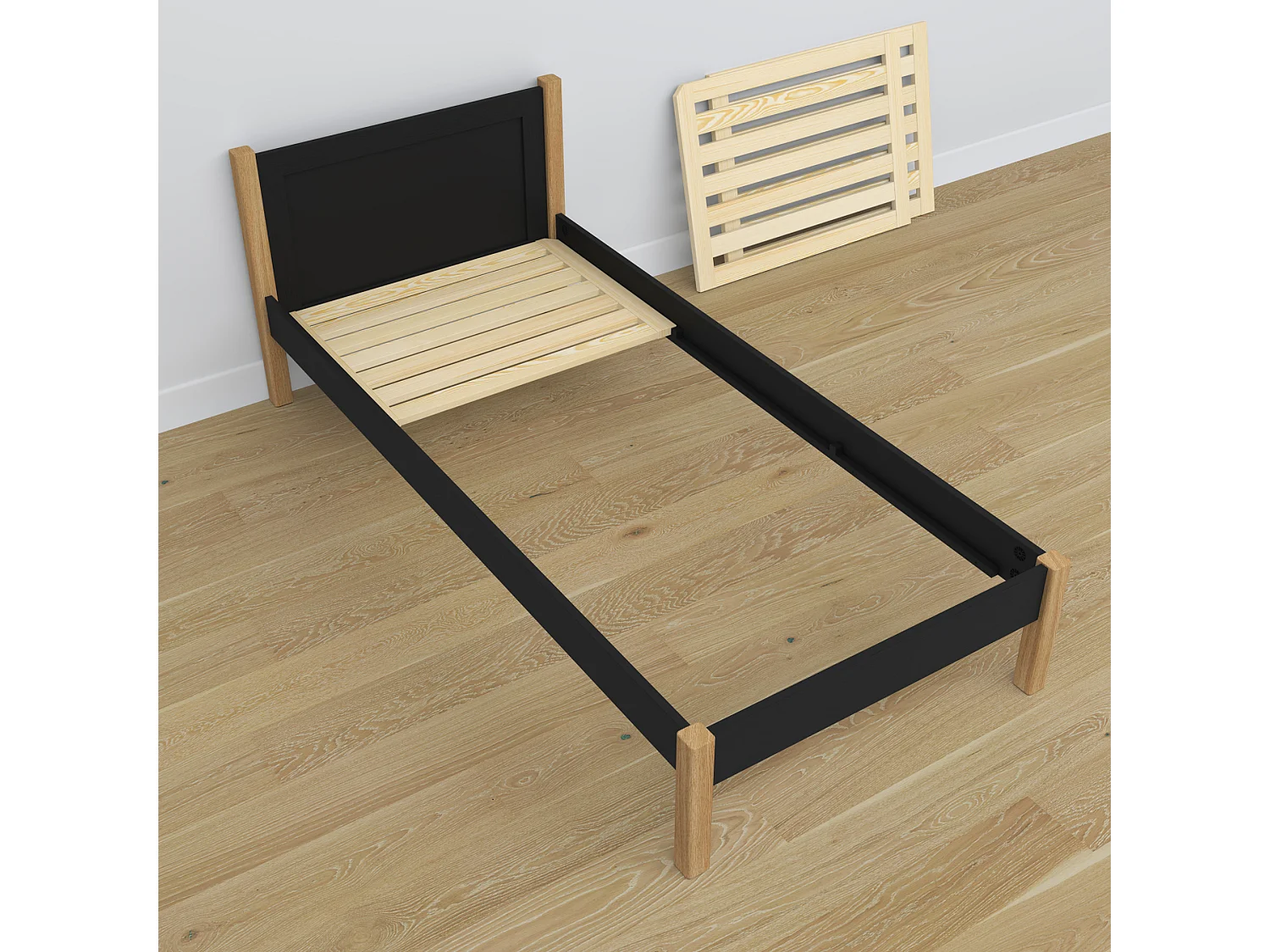 Lit simple en bois N02 Noir / Chêne Naturel 100x190