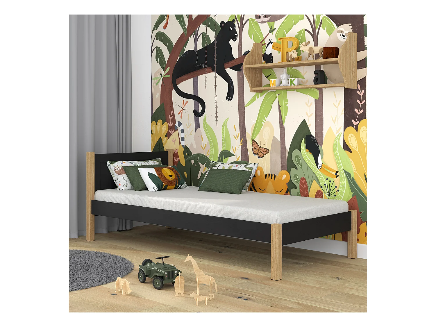 Lit simple en bois N02 Noir / Chêne Naturel 120x190