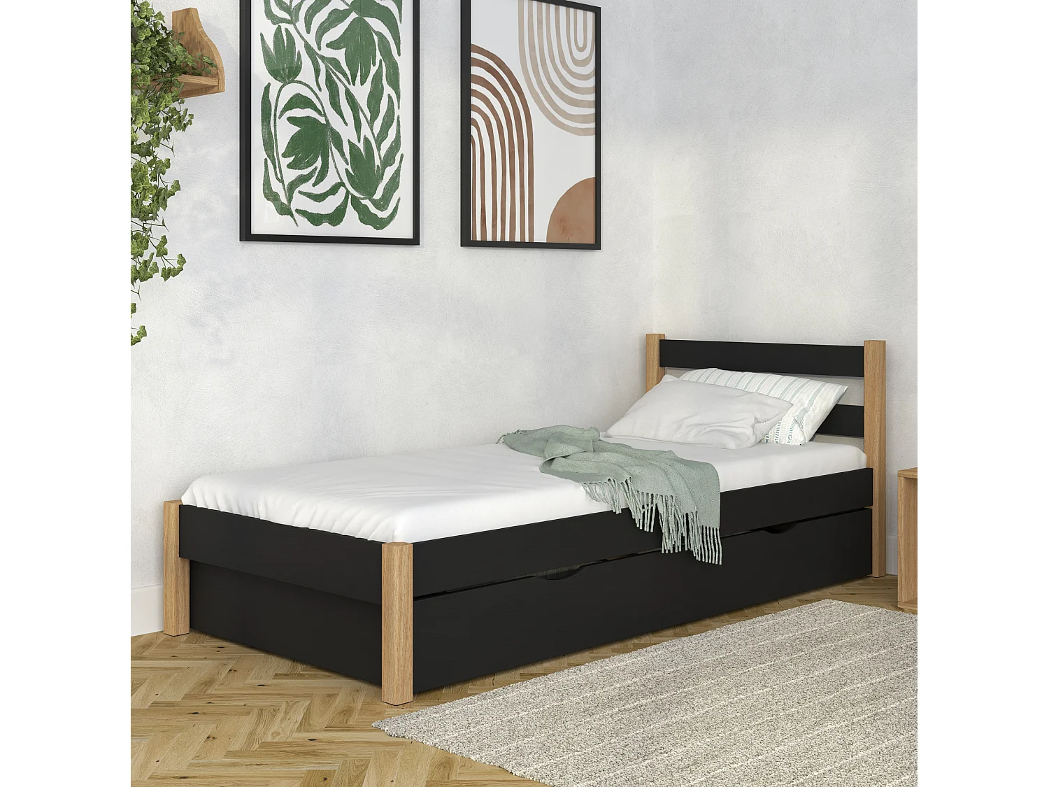 BETT mit Schublade N01 Schwarz / Eiche Natur 100x190
