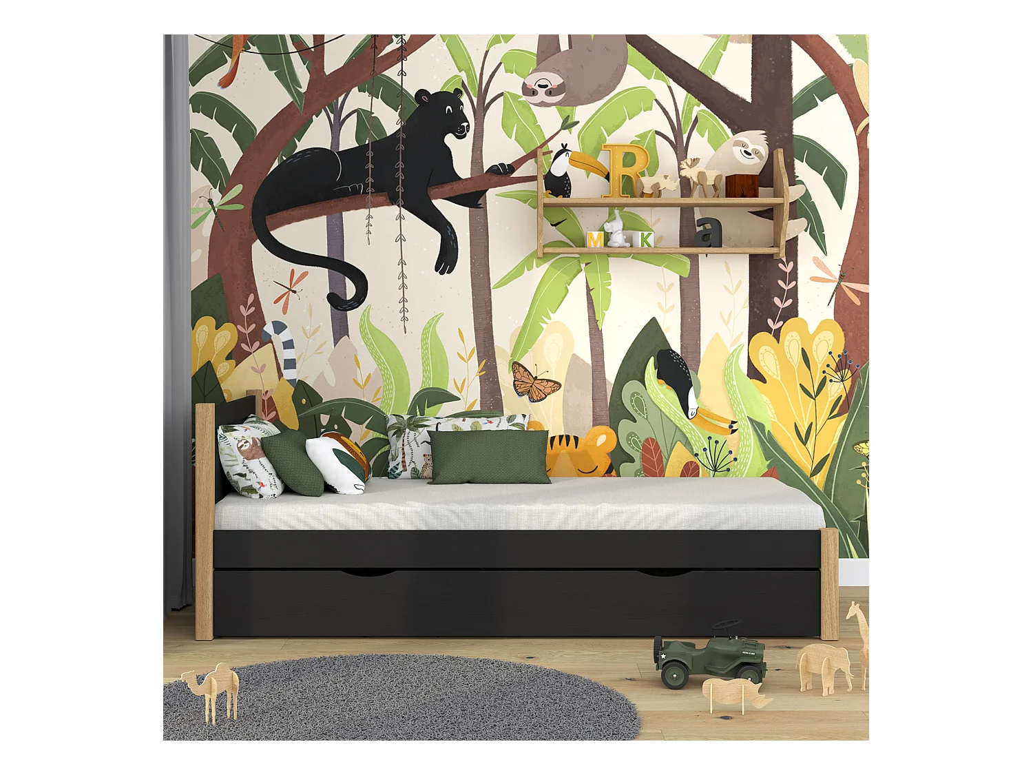 BETT mit Schublade N02 Schwarz / Eiche Natur 120x180