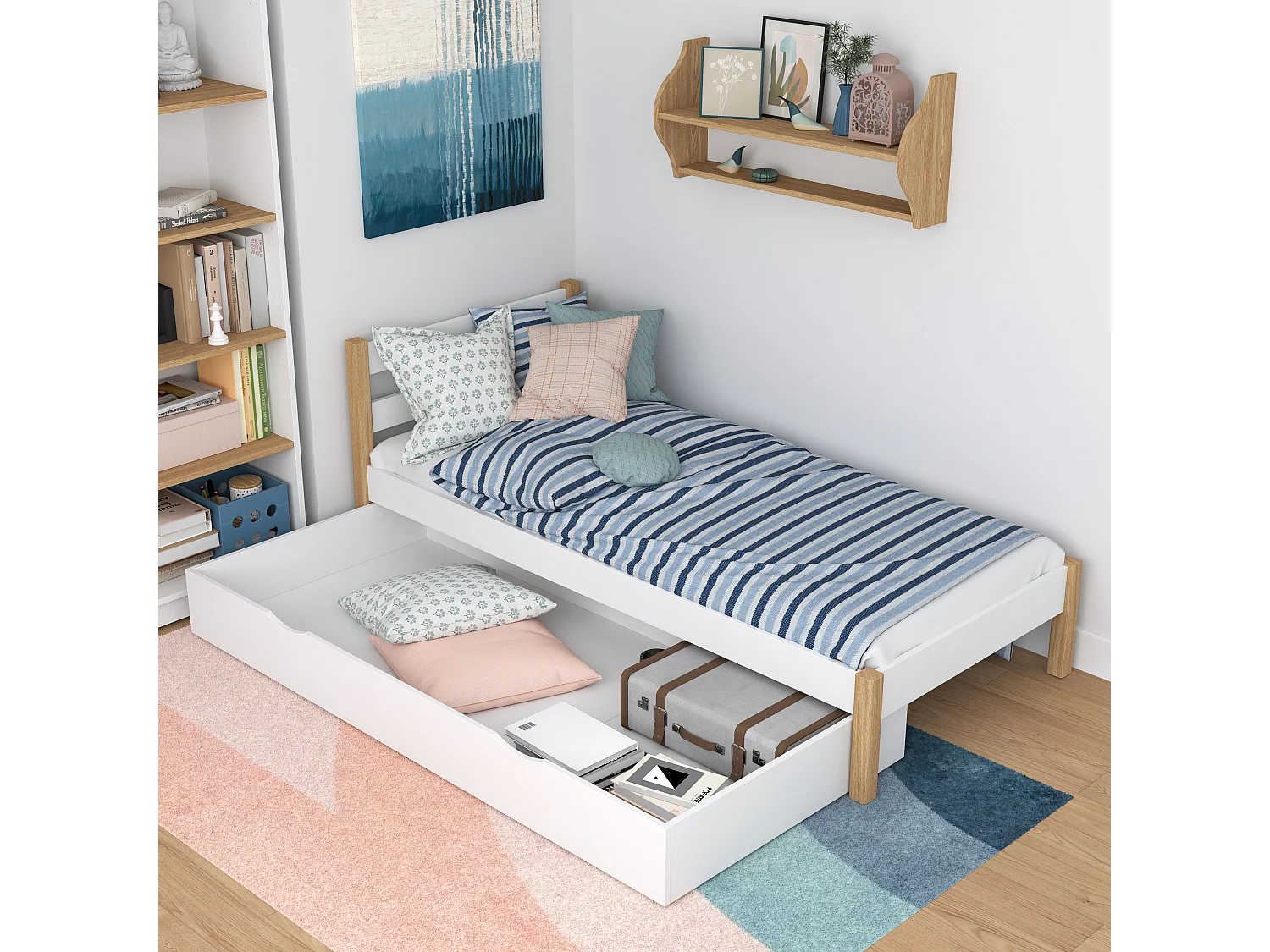 BETT mit Schublade N01 Weiß / Eiche Natur 90x190