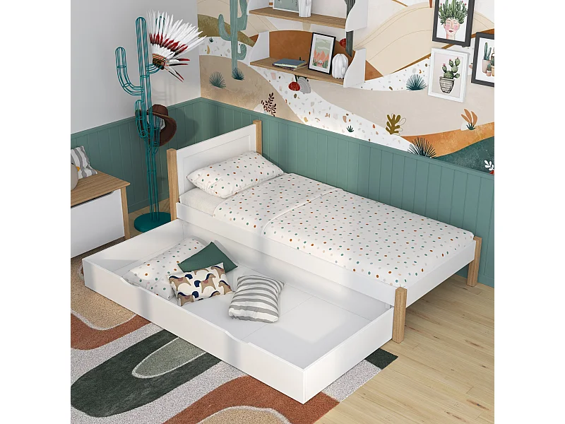 BETT mit Schublade N02 Weiß / Eiche Natur 80x200