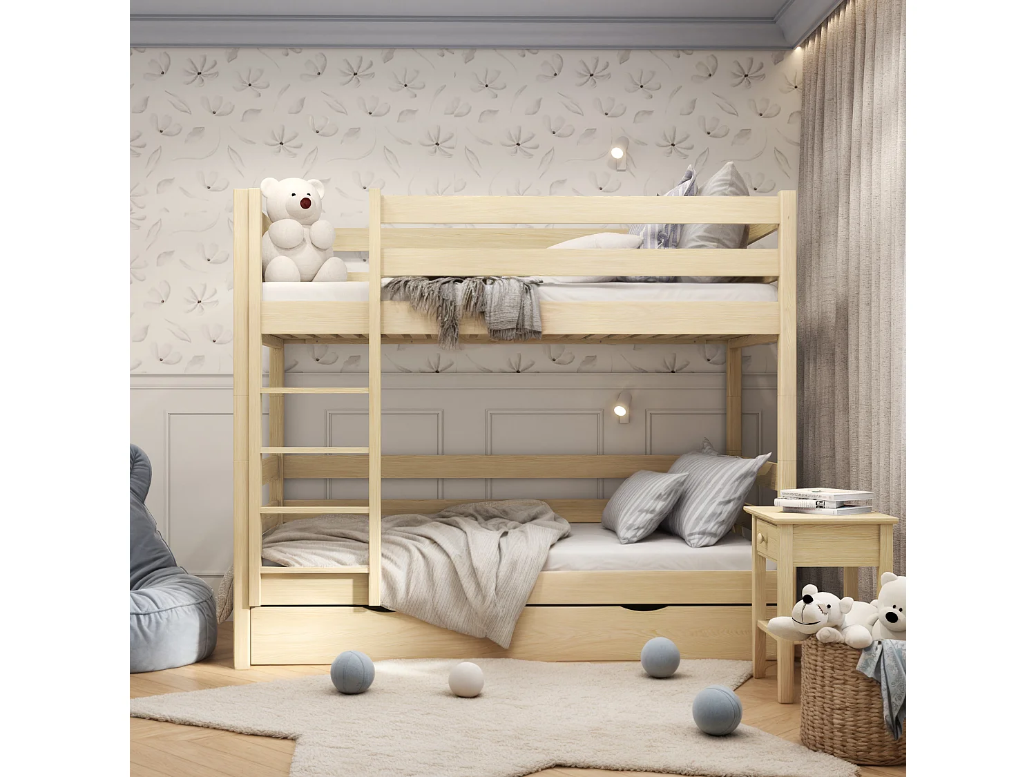 ETAGENBETT N01 mit Schublade Klare Kiefer 120x190