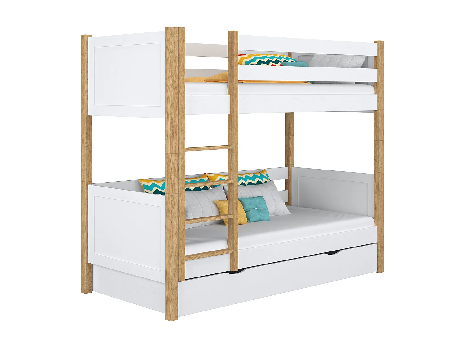 ETAGENBETT N02 mit Schublade Weiß / Eiche Natur 90x180