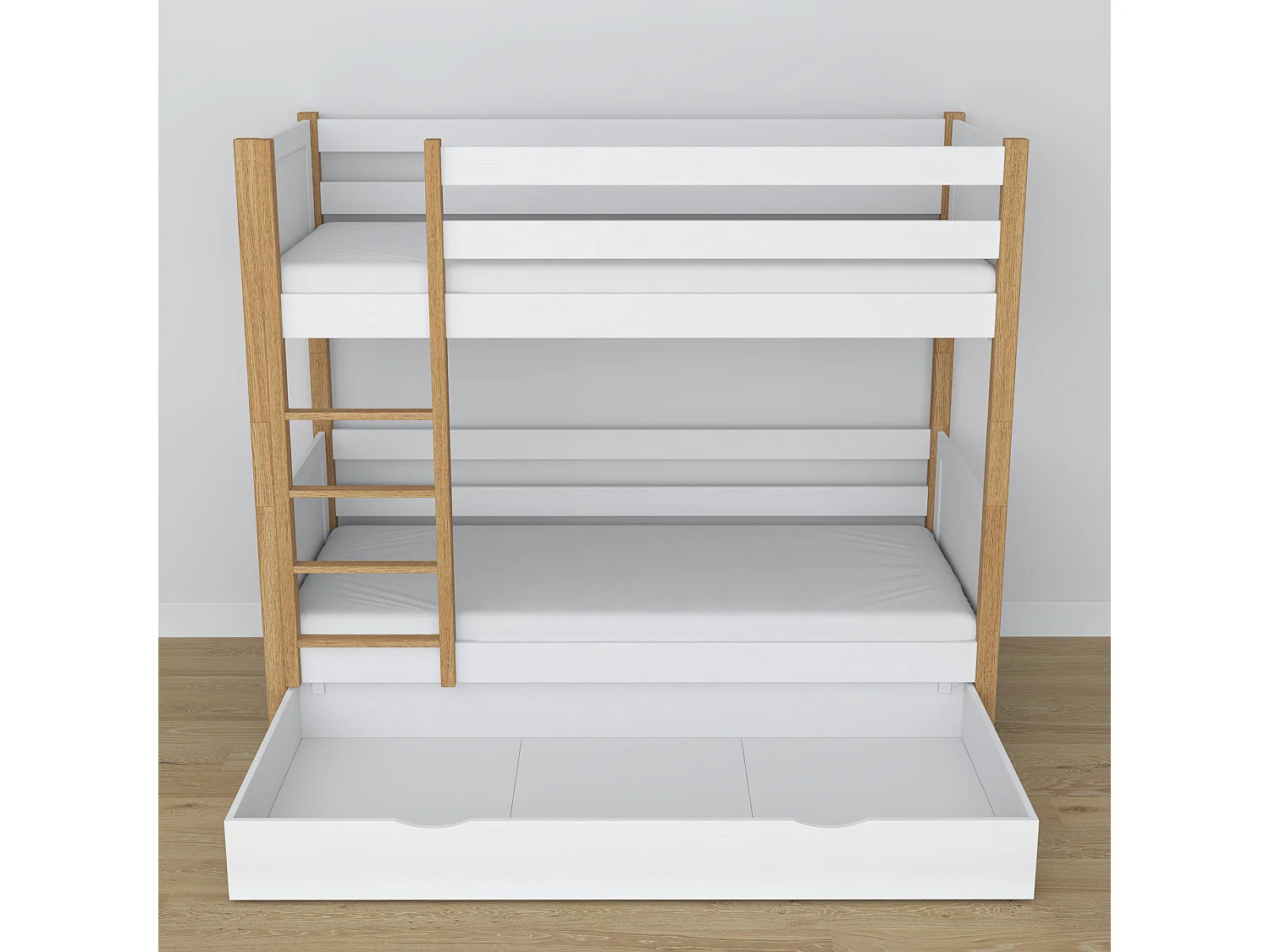 Lit superposé en bois - avec tiroir N02 Blanc / Chêne Naturel 90x180