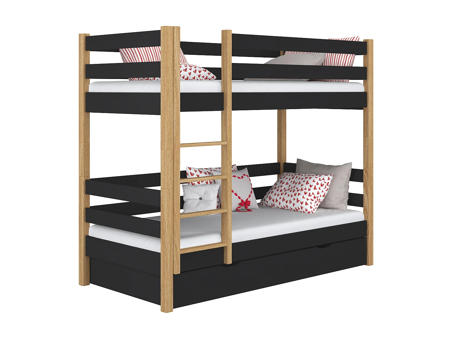 Lit superposé en bois - avec tiroir N01 Noir / Chêne Naturel 120x180