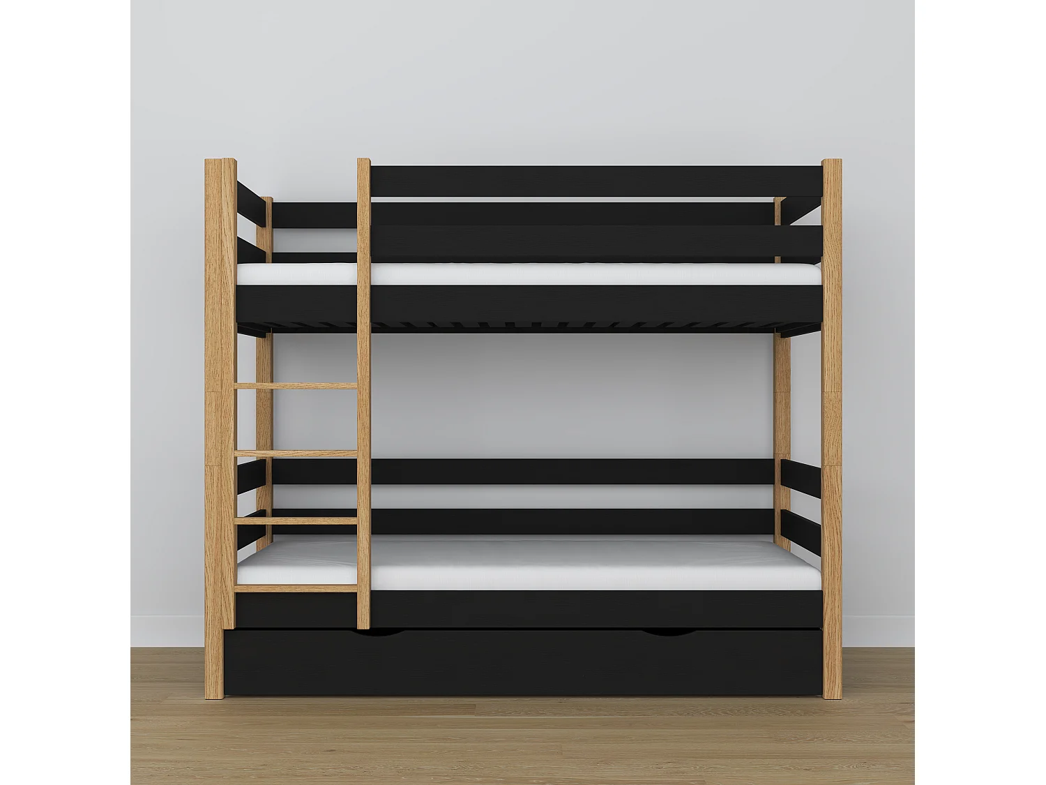 Lit superposé en bois - avec tiroir N01 Noir / Chêne Naturel 120x180