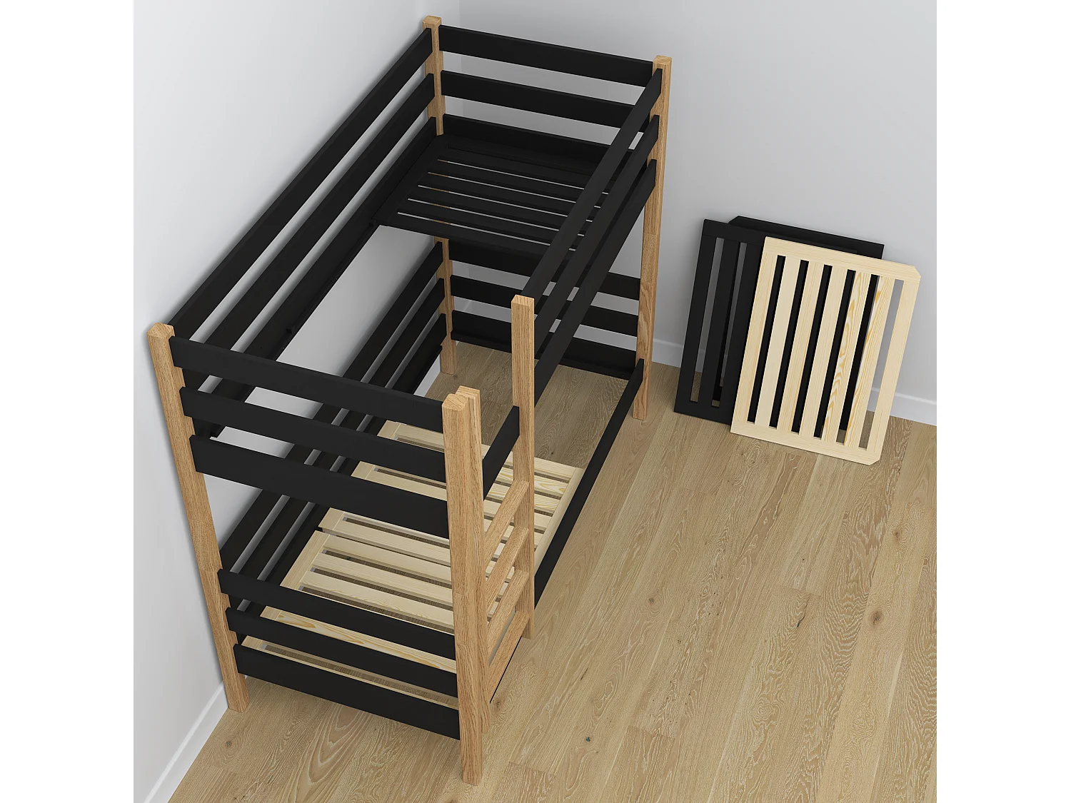 Lit superposé en bois - avec tiroir N01 Noir / Chêne Naturel 120x180