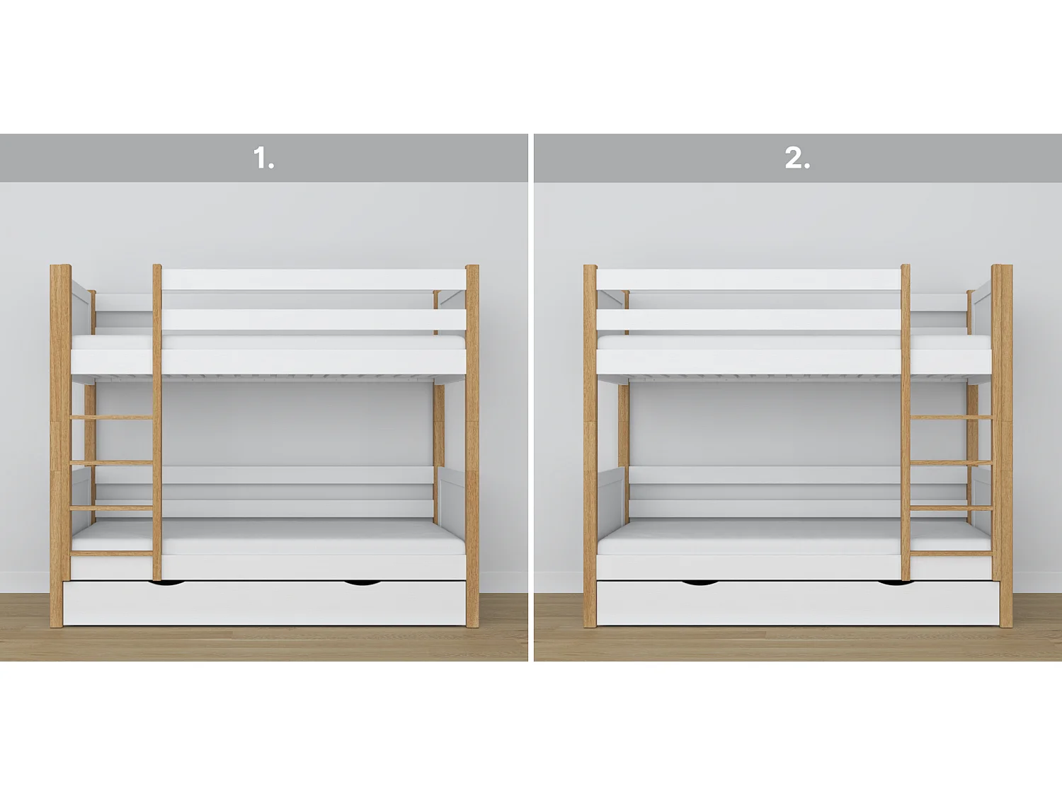ETAGENBETT N02 mit Schublade Weiß / Eiche Natur 90x200