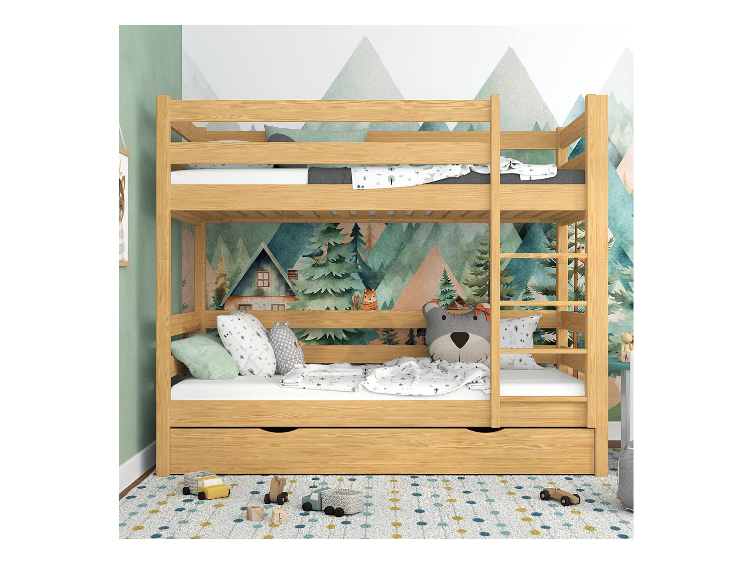 Lit superposé en bois - avec tiroir N01 Pin Naturel 100x190