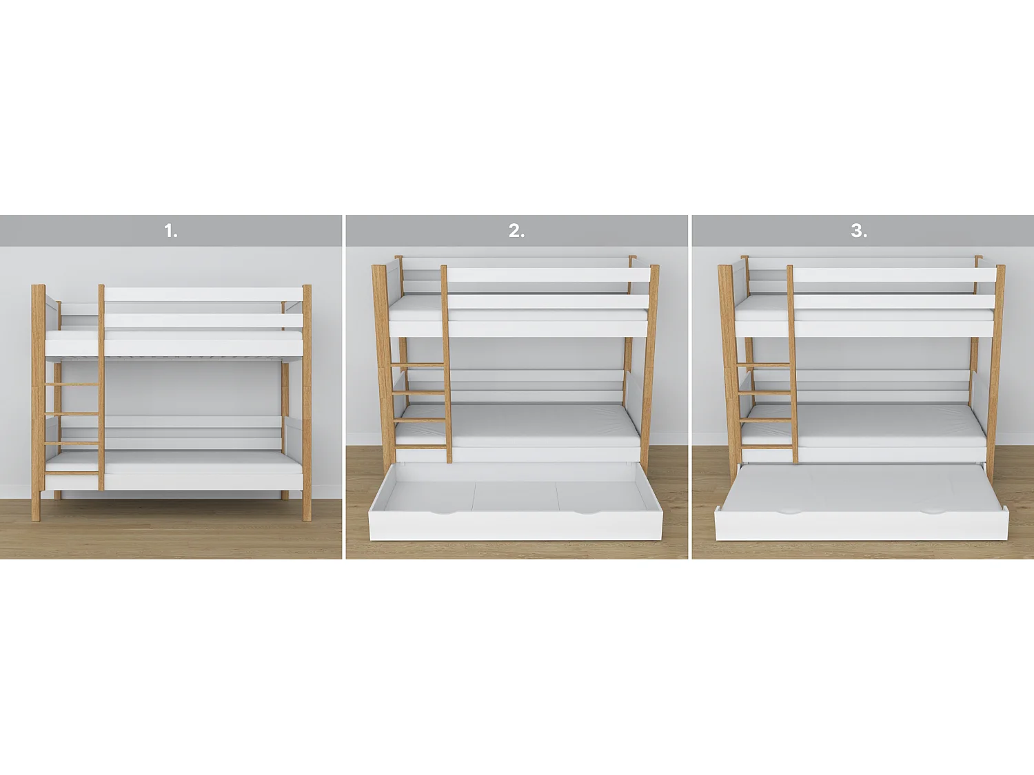 ETAGENBETT N02 mit Schublade Weiß / Eiche Natur 80x180