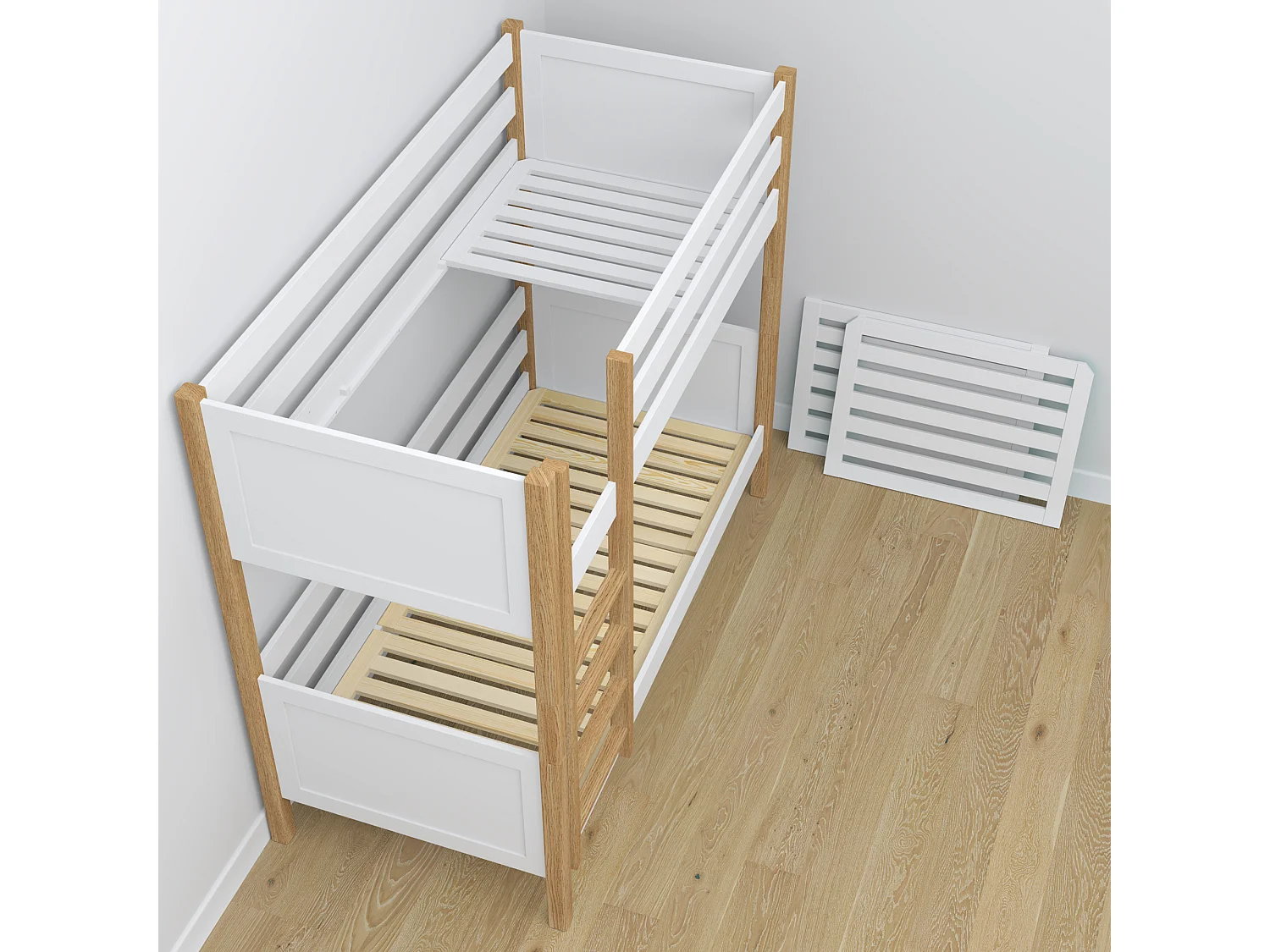 Lit superposé en bois - avec tiroir N02 Blanc / Chêne Naturel 80x180