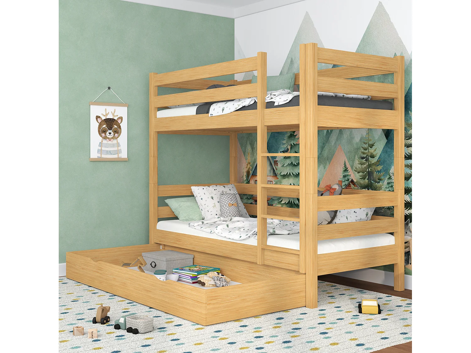 ETAGENBETT N01 mit Schublade Naturkiefer 100x200