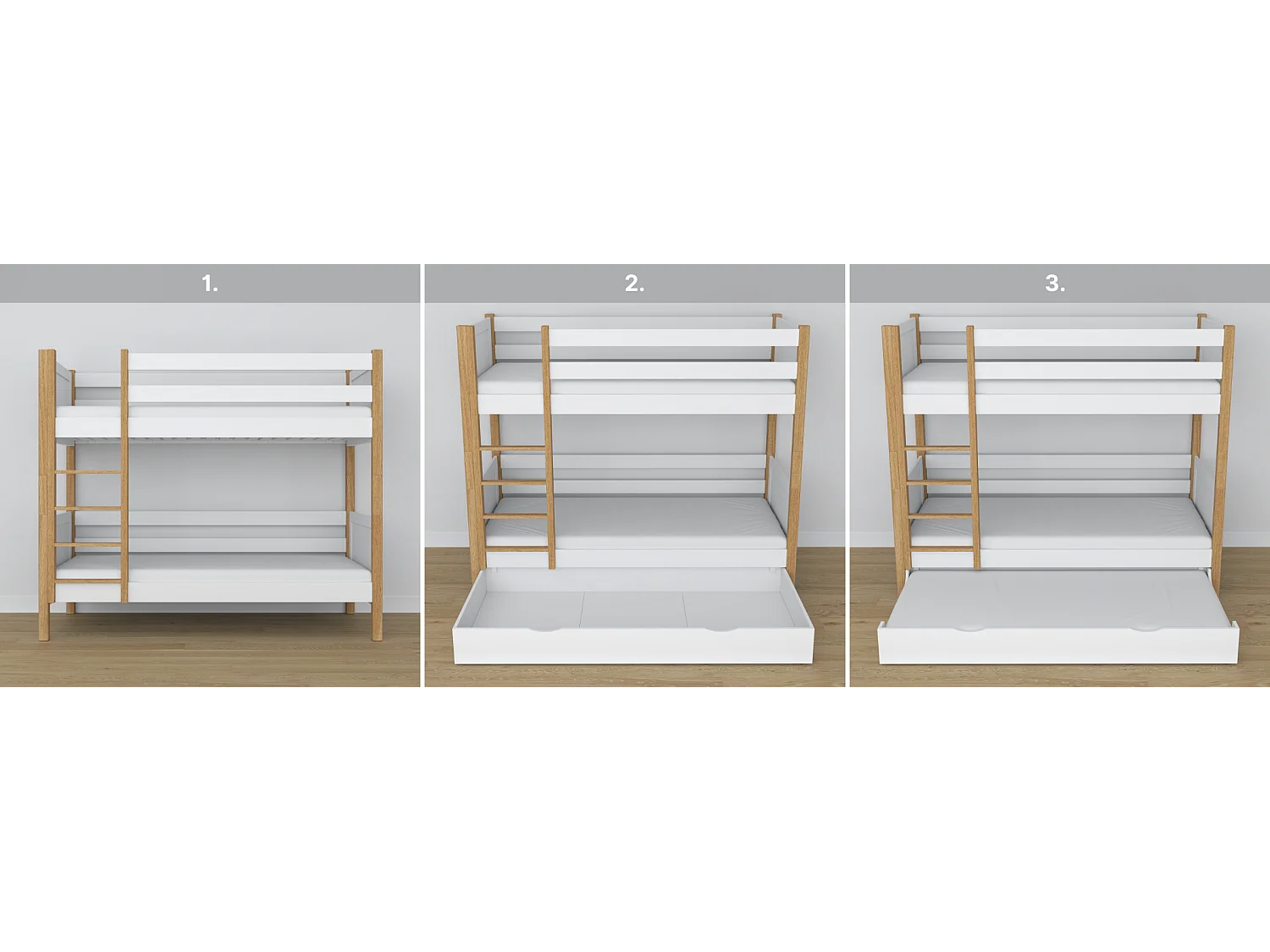 ETAGENBETT N02 mit Schublade Weiß / Eiche Natur 100x180