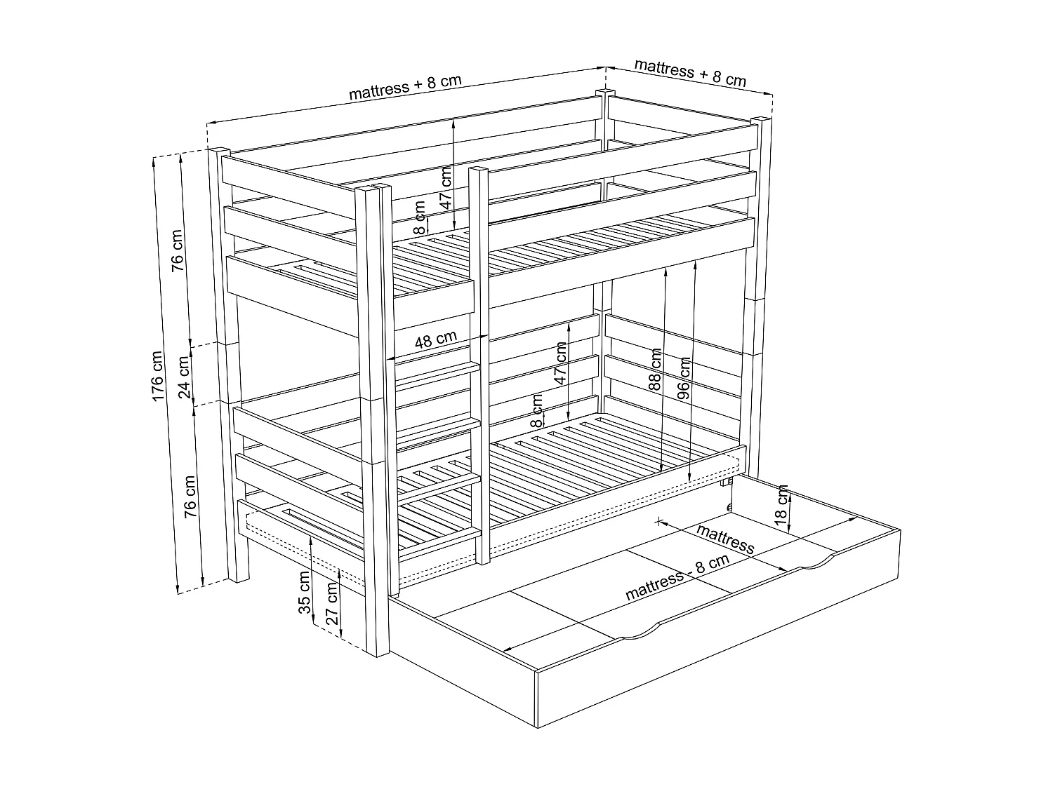 ETAGENBETT N01 mit Schublade Eiche Natur 120x200