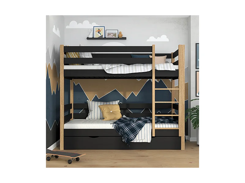 ETAGENBETT N01 mit Schublade Schwarz / Eiche Natur 90x200