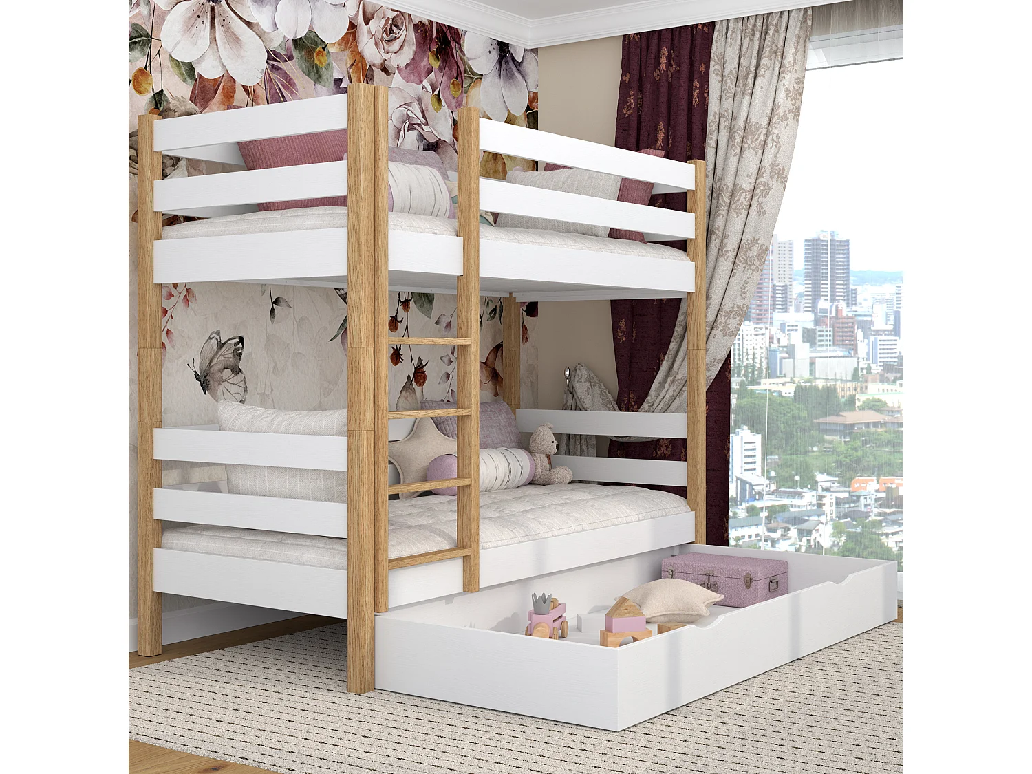 ETAGENBETT N01 mit Schublade Weiß / Eiche Natur 120x190