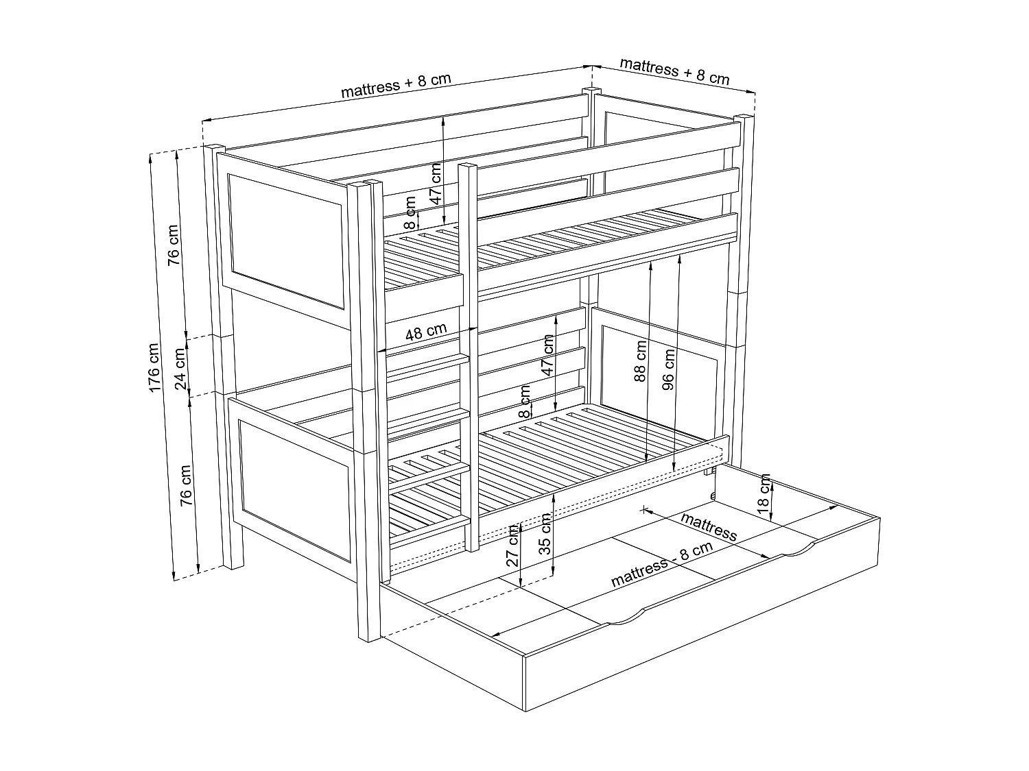 ETAGENBETT N02 mit Schublade Eiche Natur 120x200