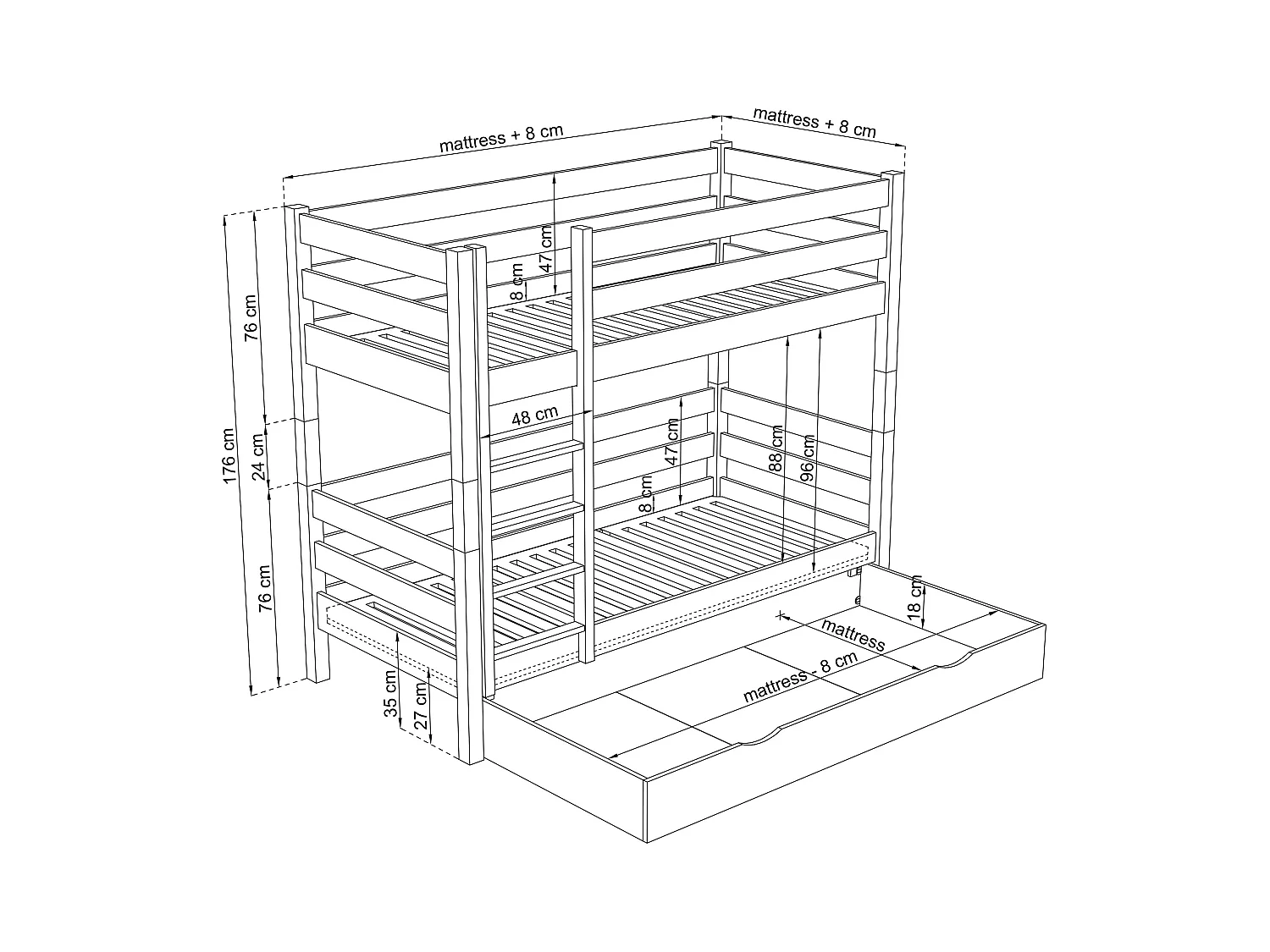 Lit superposé en bois - avec tiroir N01 Pin Naturel 90x200