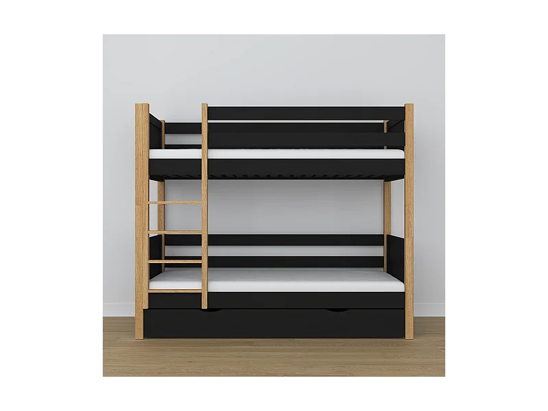 ETAGENBETT N02 mit Schublade Schwarz / Eiche Natur 90x200