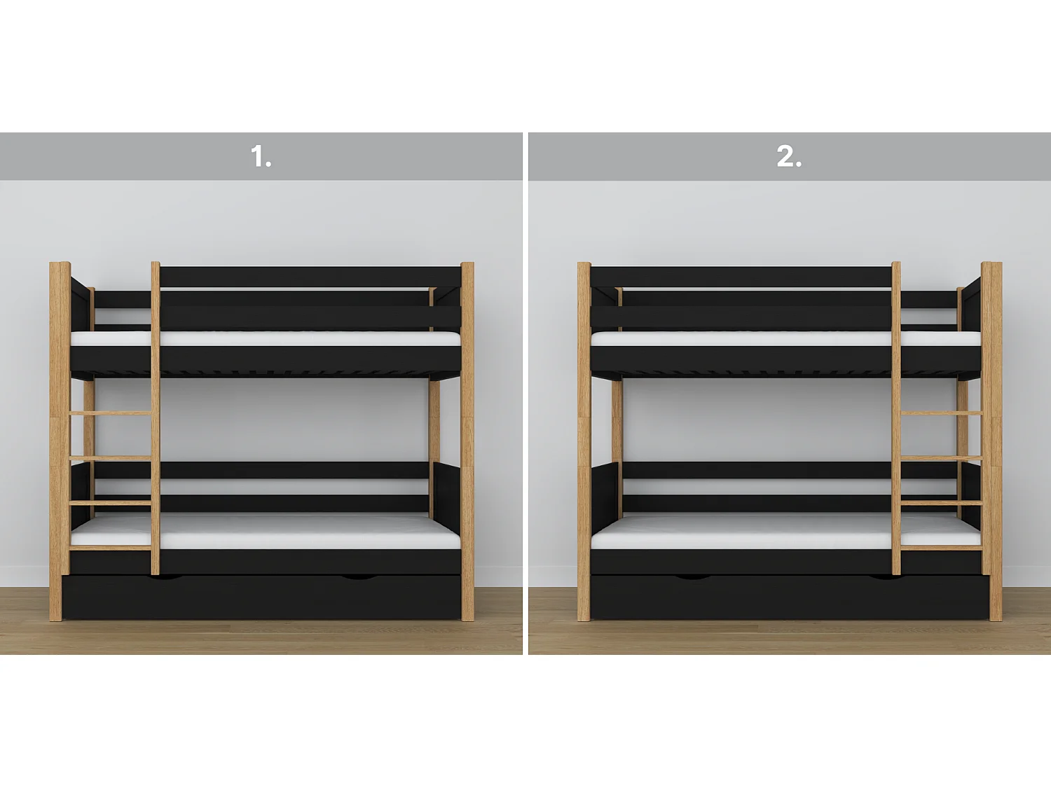 ETAGENBETT N02 mit Schublade Schwarz / Eiche Natur 90x200