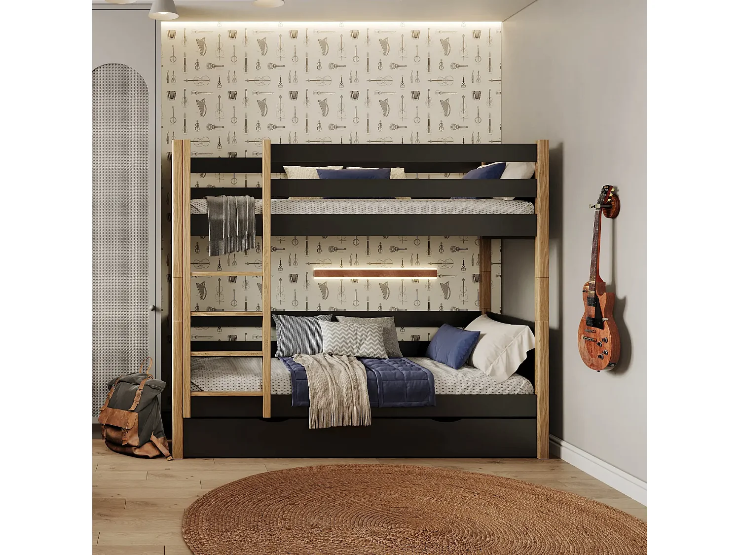 Lit superposé en bois - avec tiroir N02 Noir / Chêne Naturel 90x200