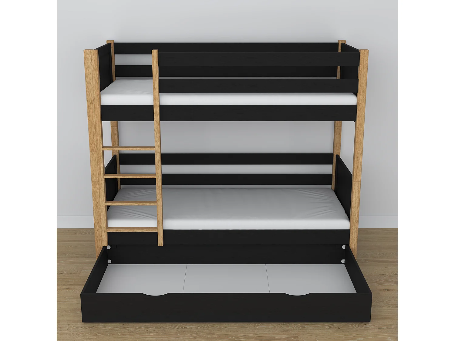 Lit superposé en bois - avec tiroir N02 Noir / Chêne Naturel 90x200