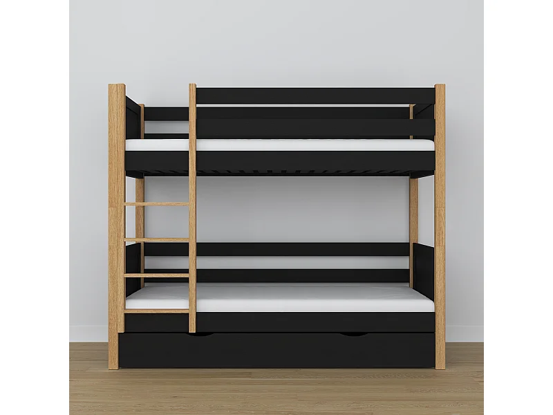 Lit superposé en bois - avec tiroir N02 Noir / Chêne Naturel 120x180