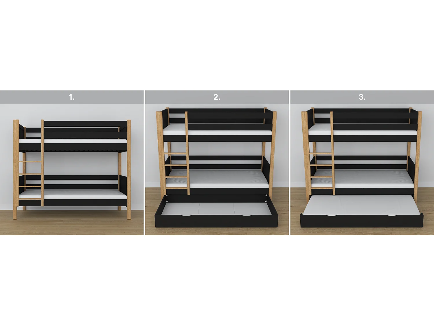 ETAGENBETT N02 mit Schublade Schwarz / Eiche Natur 120x180