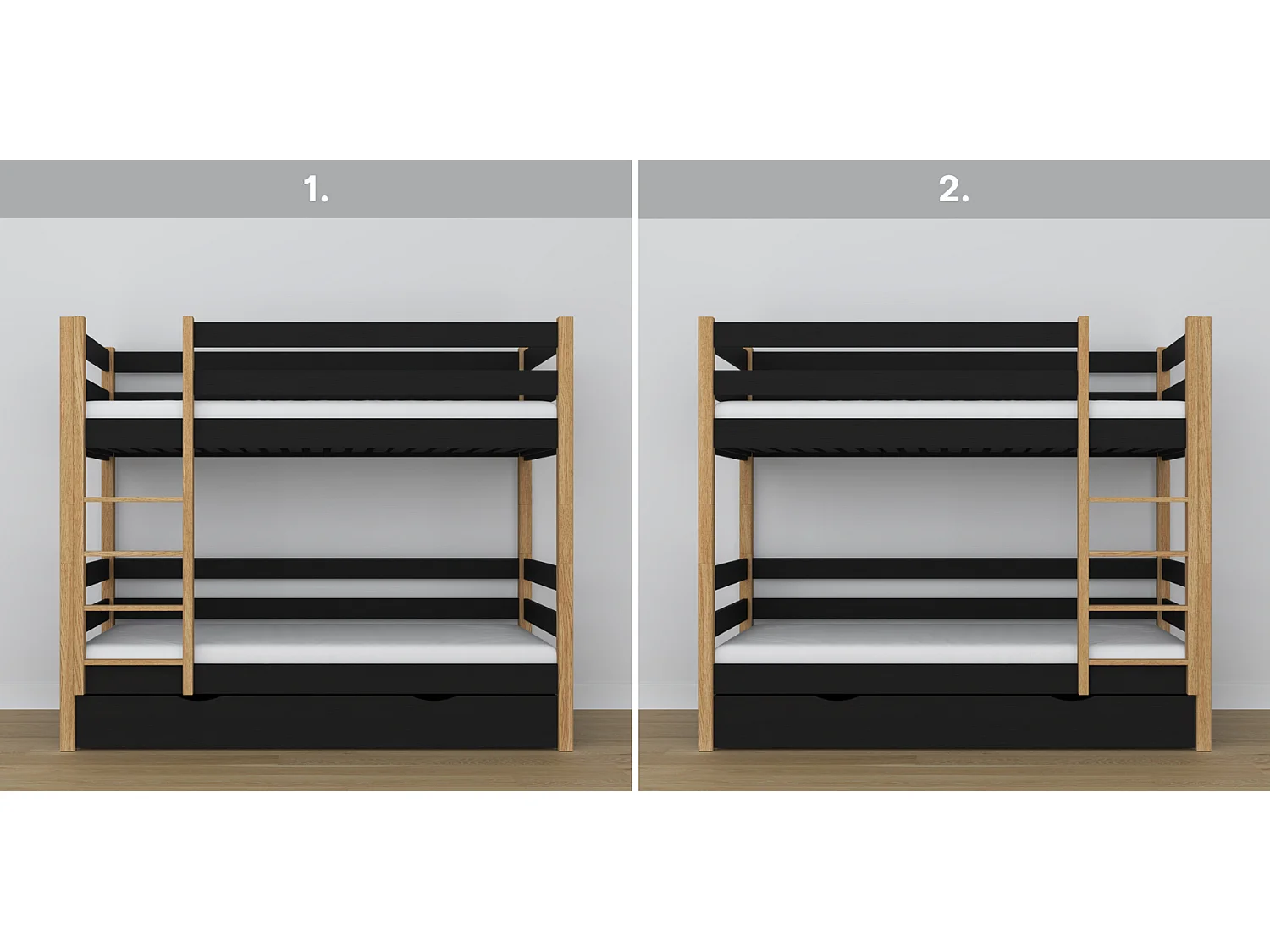 ETAGENBETT N01 mit Schublade Schwarz / Eiche Natur 80x180