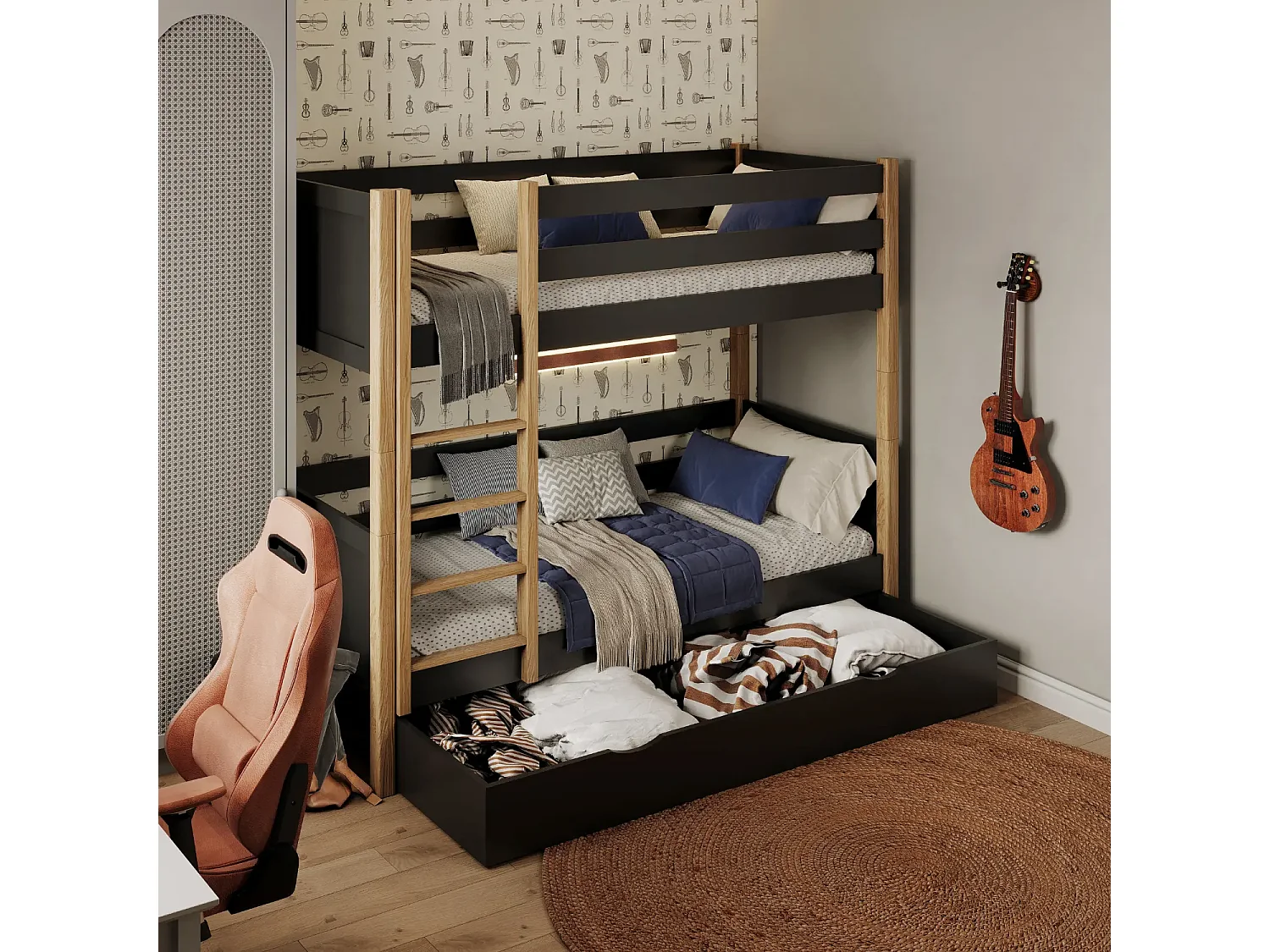 ETAGENBETT N02 mit Schublade Schwarz / Eiche Natur 80x180