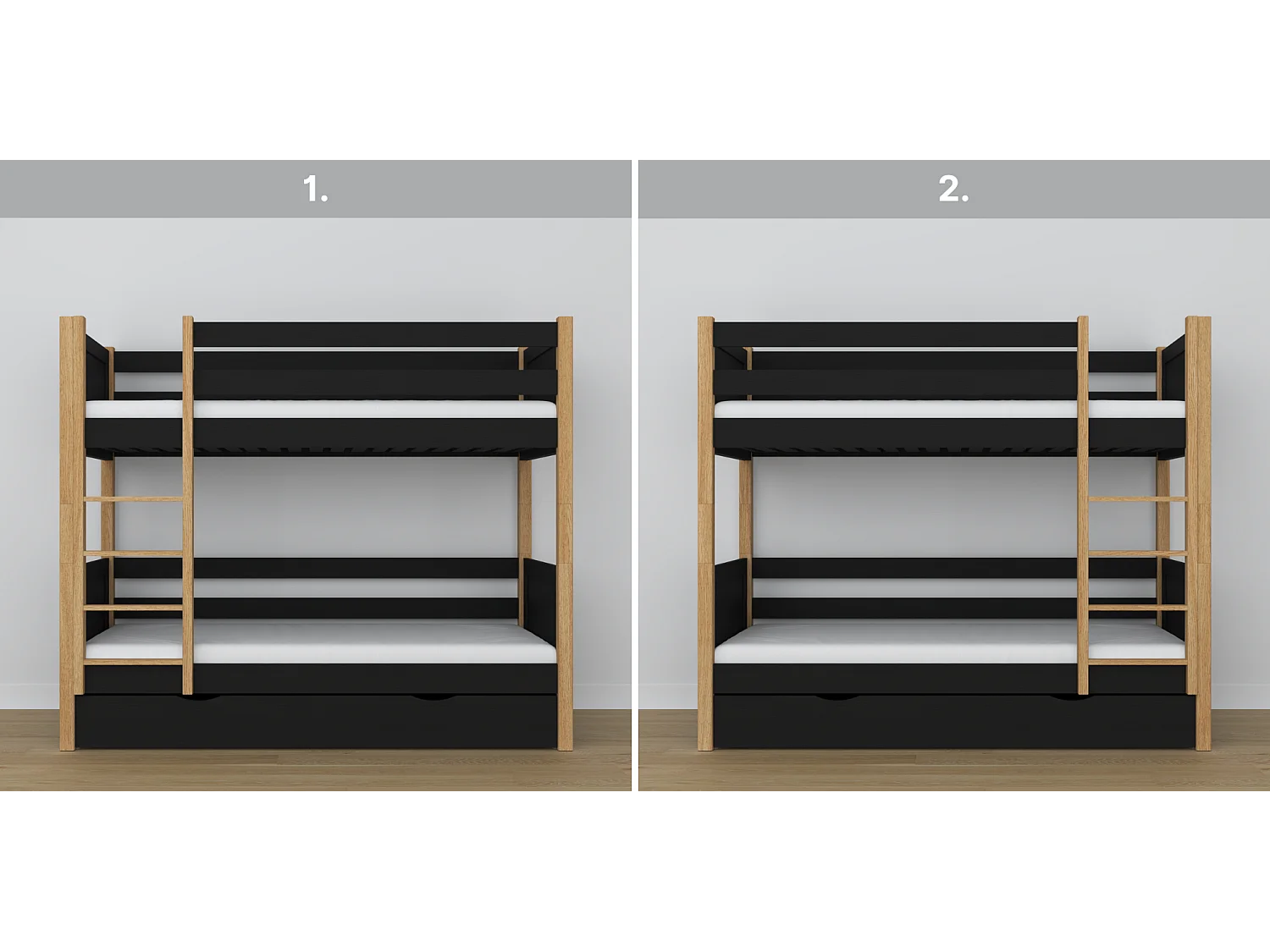 ETAGENBETT N02 mit Schublade Schwarz / Eiche Natur 80x180