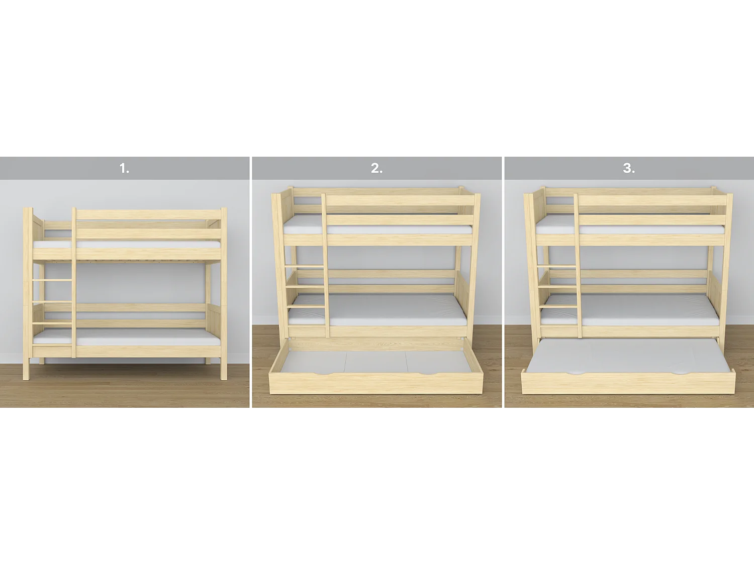 ETAGENBETT N02 mit Schublade Klare Kiefer 80x180