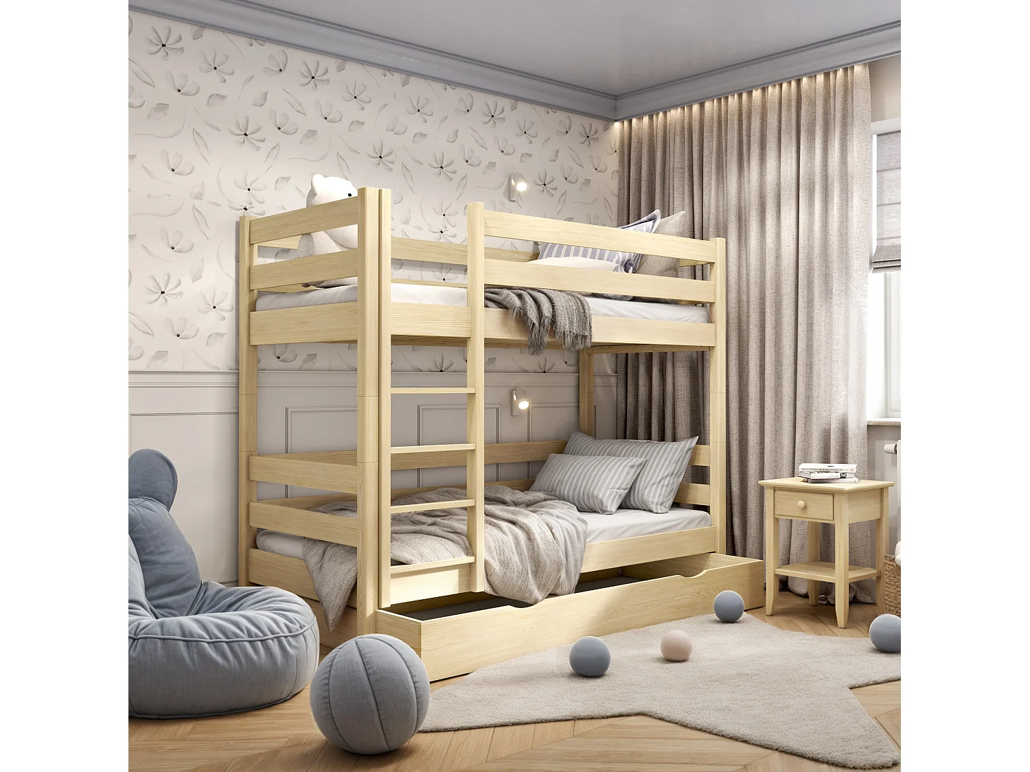 ETAGENBETT N01 mit Schublade Klare Kiefer 80x190