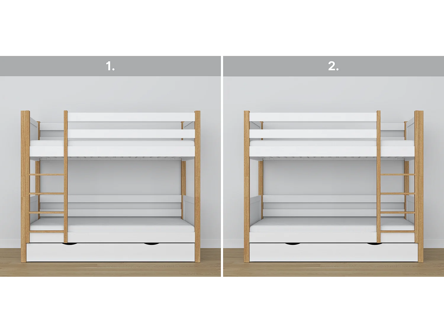 ETAGENBETT N02 mit Schublade Weiß / Eiche Natur 90x190