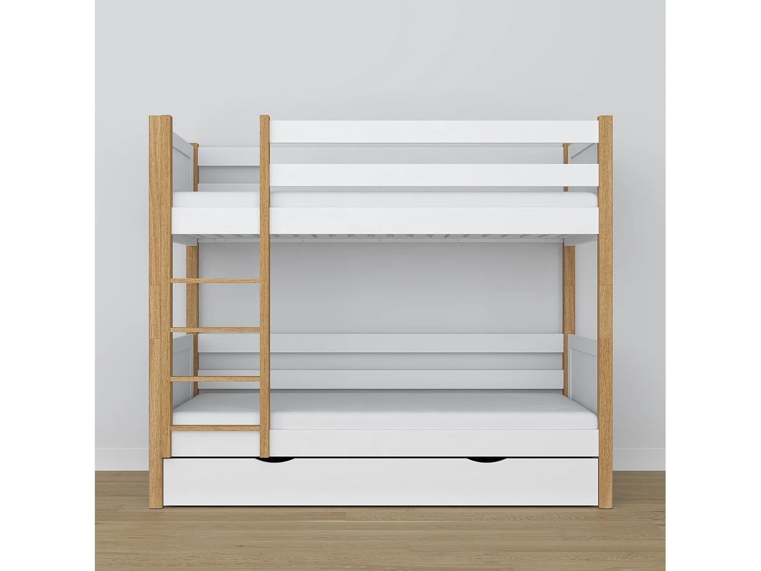 Lit superposé en bois - avec tiroir N02 Blanc / Chêne Naturel 100x200